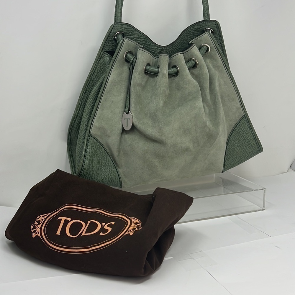 Tod’s Suede and Pebbled Leather Flat Back Shoulder Bag